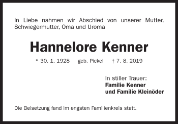 Traueranzeige von Hannelore Kenner von Der Bote