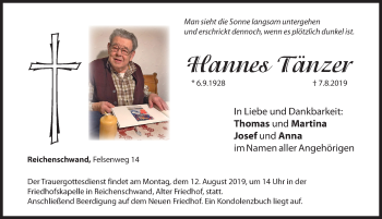 Traueranzeige von Hannes Tänzer von Hersbrucker Zeitung