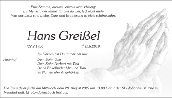Traueranzeige von Hans Greißel von Pegnitz-Zeitung