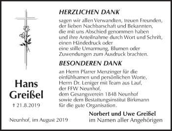Traueranzeige von Hans Greißel von Pegnitz-Zeitung