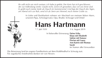 Traueranzeige von Hans Hartmann von Pegnitz-Zeitung