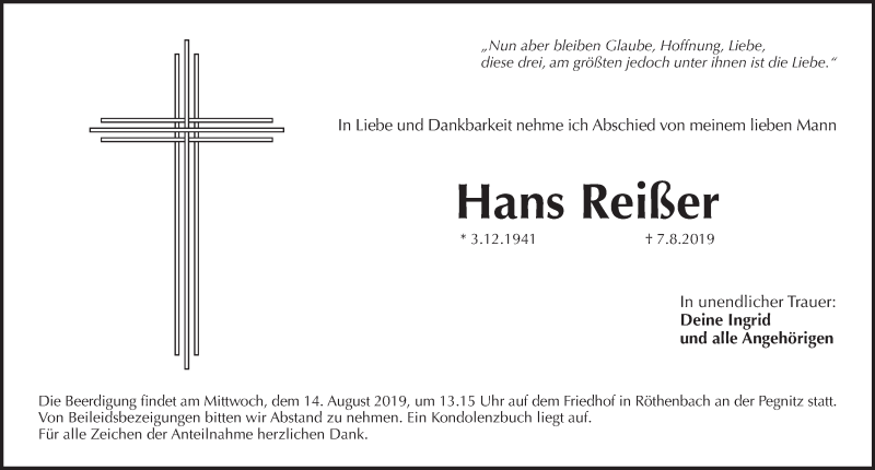  Traueranzeige für Hans Reißer vom 10.08.2019 aus Pegnitz-Zeitung