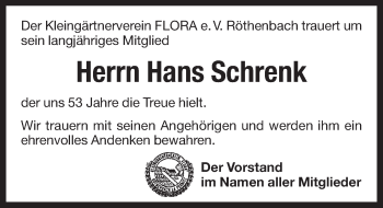 Traueranzeige von Hans Schrenk von Pegnitz-Zeitung