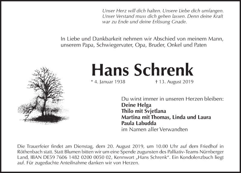  Traueranzeige für Hans Schrenk vom 17.08.2019 aus Pegnitz-Zeitung