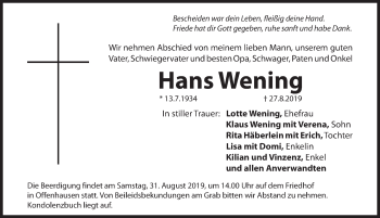 Traueranzeige von Hans Wening von Hersbrucker Zeitung