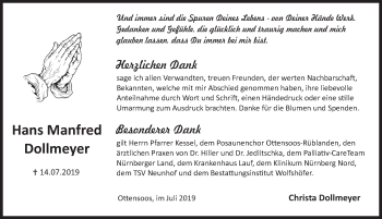 Traueranzeige von Hans Manfred Dollmeyer von Pegnitz-Zeitung