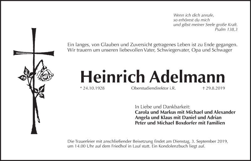  Traueranzeige für Heinrich Adelmann vom 31.08.2019 aus Pegnitz-Zeitung