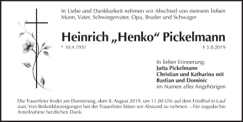Traueranzeige von Heinrich Pickelmann von Pegnitz-Zeitung