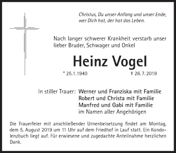 Traueranzeige von Heinz Vogel von Pegnitz-Zeitung