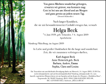 Traueranzeige von Helga Beck von Hersbrucker Zeitung
