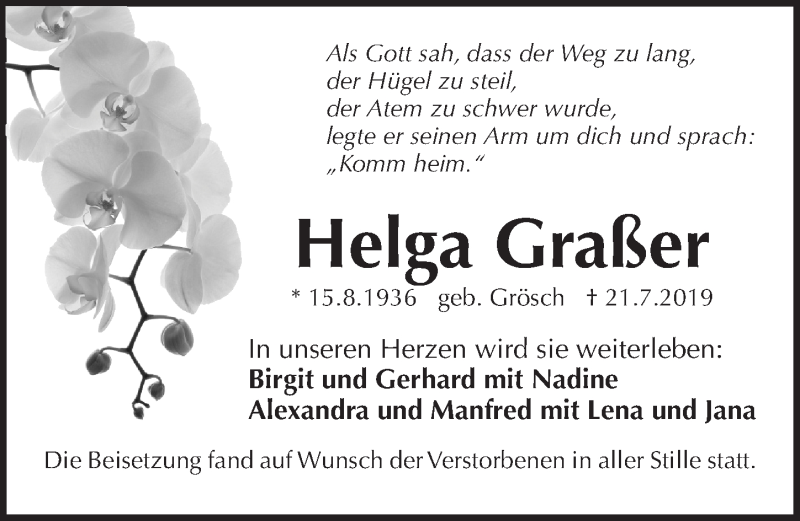  Traueranzeige für Helga Graßer vom 10.08.2019 aus Pegnitz-Zeitung