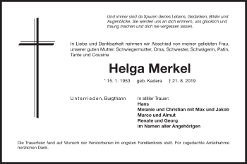 Traueranzeige von Helga Merkel von Der Bote