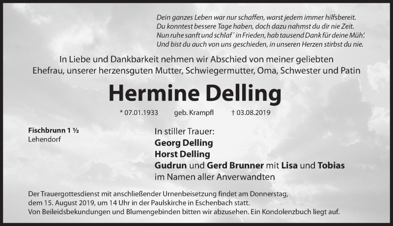 Traueranzeige für Hermine Delling vom 10.08.2019 aus Hersbrucker Zeitung