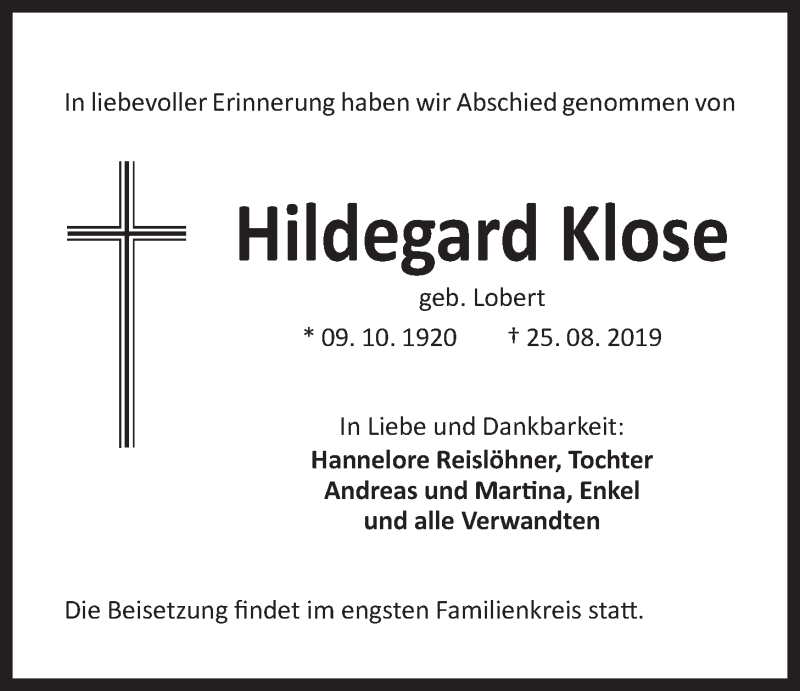  Traueranzeige für Hildegard Klose vom 31.08.2019 aus Der Bote