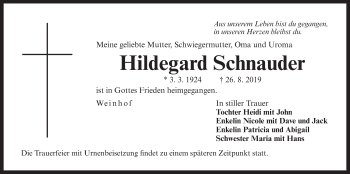 Traueranzeige von Hildegard Schnauder von Der Bote