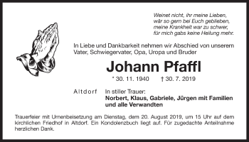 Traueranzeige von Johann Pfaffl von Der Bote