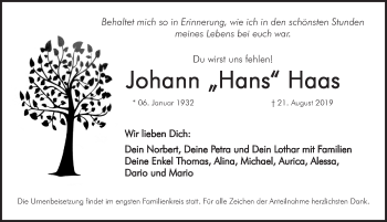 Traueranzeige von Johann Hans Haas von Hersbrucker Zeitung