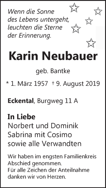Traueranzeige von Karin Neubauer von Pegnitz-Zeitung