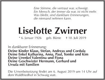 Traueranzeige von Liselotte Zwirner von Pegnitz-Zeitung