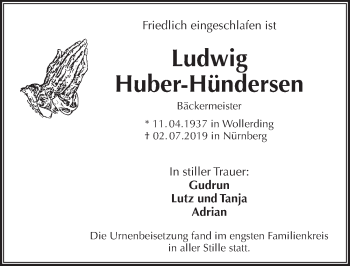 Traueranzeige von Ludwig Huber-Hündersen von Pegnitz-Zeitung