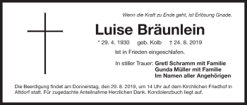 Traueranzeige von Luise Bräunlein von Der Bote
