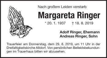 Traueranzeige von Margareta Ringer von Der Bote