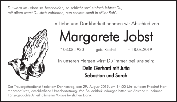 Traueranzeige von Margarete Jobst von Hersbrucker Zeitung