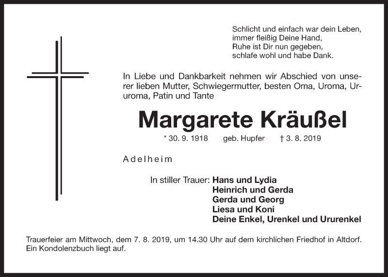  Traueranzeige für Margarete Kräußel vom 06.08.2019 aus Der Bote