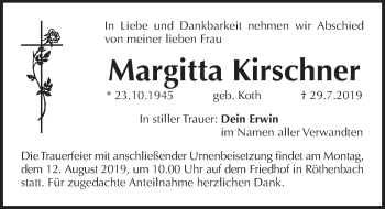 Traueranzeige von Margitta Kirschner von Pegnitz-Zeitung
