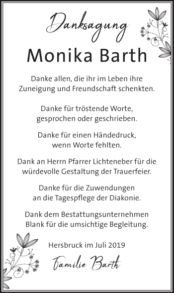 Traueranzeige von Monika Barth von Hersbrucker Zeitung
