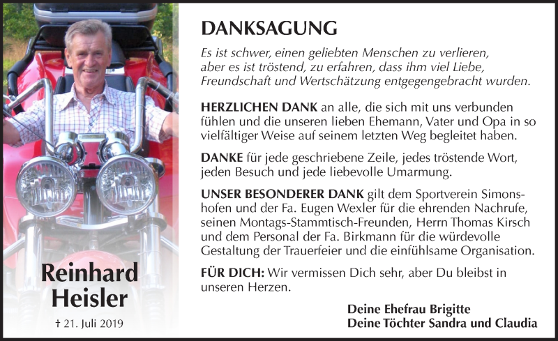  Traueranzeige für Reinhard Michael Heisler vom 10.08.2019 aus Pegnitz-Zeitung