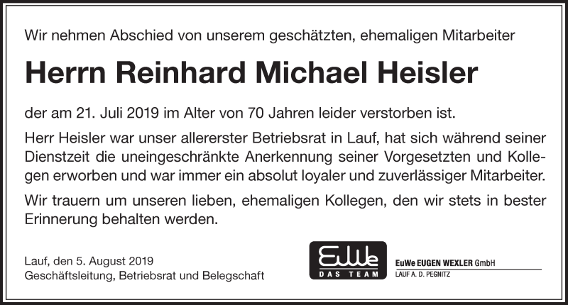  Traueranzeige für Reinhard Michael Heisler vom 06.08.2019 aus Pegnitz-Zeitung