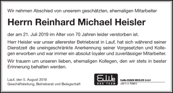 Traueranzeige von Reinhard Michael Heisler von Pegnitz-Zeitung