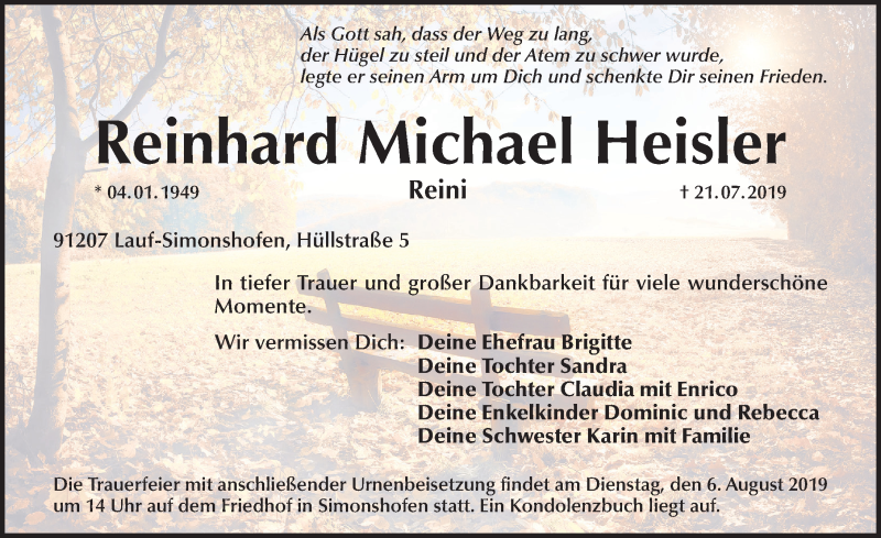  Traueranzeige für Reinhard Michael Heisler vom 03.08.2019 aus Pegnitz-Zeitung