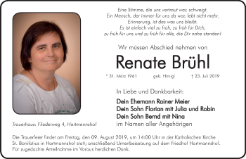Traueranzeige von Renate Brühl von Hersbrucker Zeitung