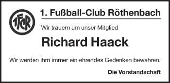 Traueranzeige von Richard Haack von Pegnitz-Zeitung