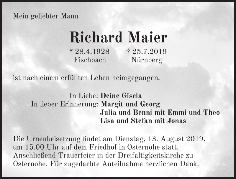  Traueranzeige für Richard Maier vom 10.08.2019 aus Pegnitz-Zeitung