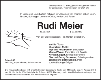 Traueranzeige von Rudi Meier von Pegnitz-Zeitung