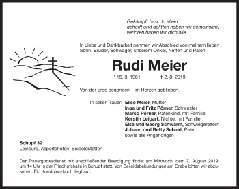 Traueranzeige von Rudi Meier von Hersbrucker Zeitung