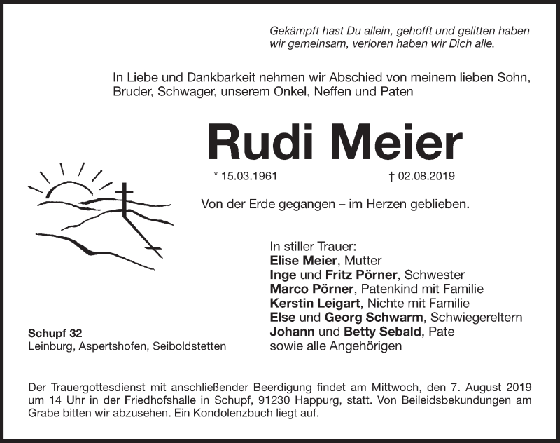  Traueranzeige für Rudi Meier vom 05.08.2019 aus Pegnitz-Zeitung