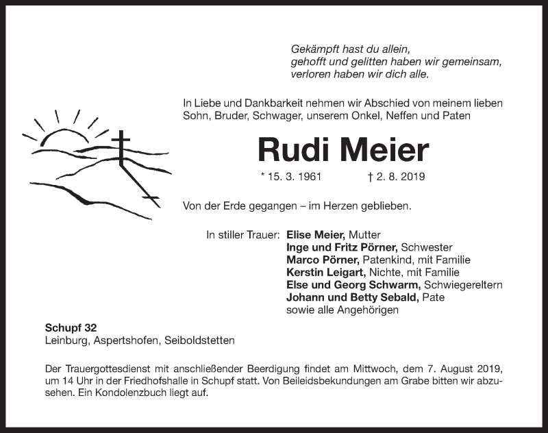  Traueranzeige für Rudi Meier vom 05.08.2019 aus Hersbrucker Zeitung