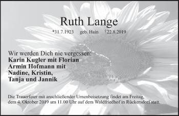 Traueranzeige von Ruth Lange von Pegnitz-Zeitung
