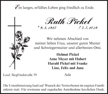 Traueranzeige von Ruth Pickel von Pegnitz-Zeitung