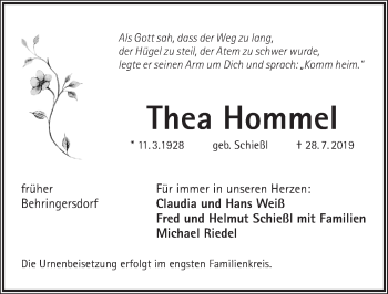Traueranzeige von Thea Hommel von Pegnitz-Zeitung
