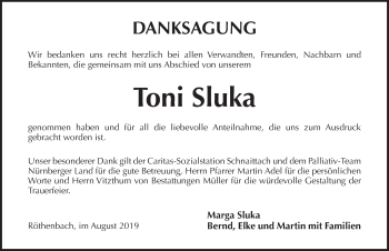Traueranzeige von Toni Sluka von Pegnitz-Zeitung