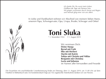 Traueranzeige von Toni Sluka von Pegnitz-Zeitung