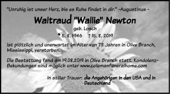 Traueranzeige von Waltraud Newton von Pegnitz-Zeitung
