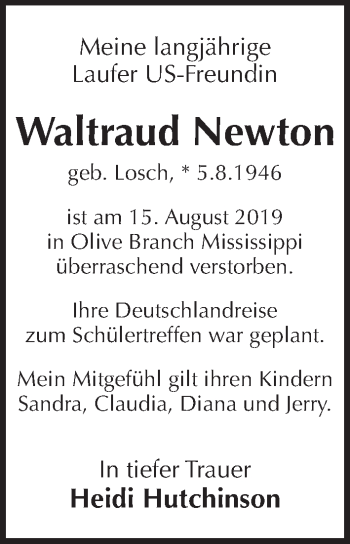 Traueranzeige von Waltraud Newton von Pegnitz-Zeitung