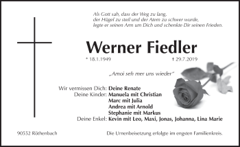 Traueranzeige von Werner Fiedler von Pegnitz-Zeitung