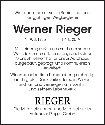 Traueranzeige von Werner Rieger von Der Bote